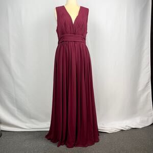 Fame And Partners Pleated Chiffon Maxi Gown Sz‎ 16 Burgundy Cutout Back Dress